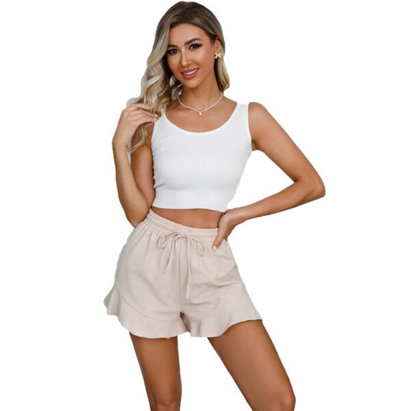 Cotton Linen Shorts Ruffled Elastic Waist Drawstring Casual Pants - Image 5