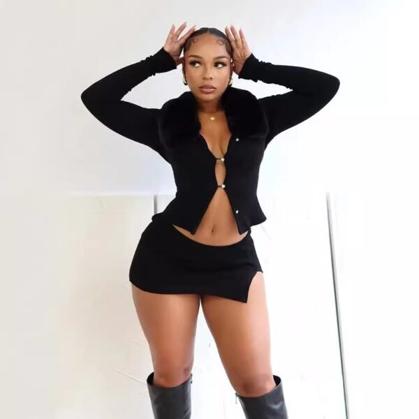Fur Collar Hollow Out Button Long Sleeve Top Split Skirt Suit - Image 2
