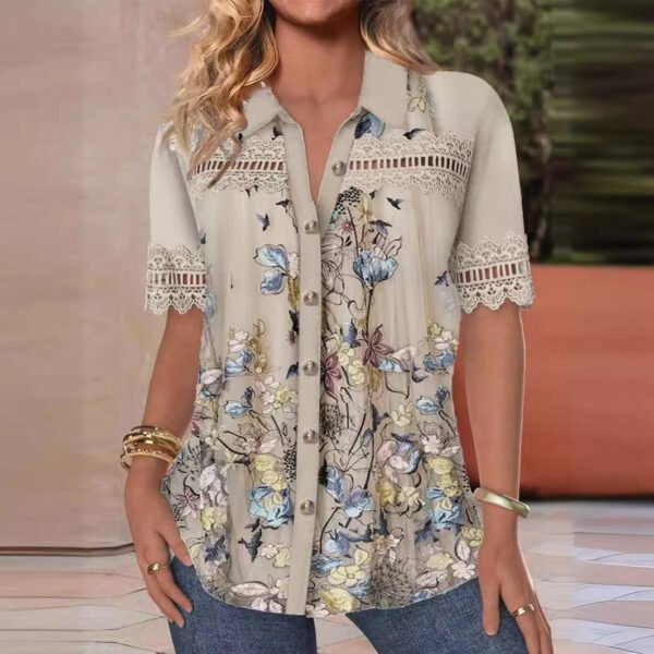 Women's V-neck Buttons Stitching Short Sleeve Casual Printed Shirt - Image 4