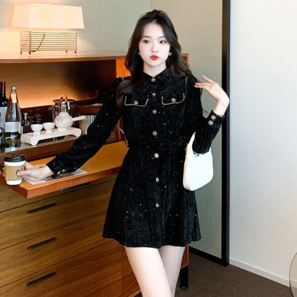 Spring New Light Luxury High Sense Retro Waist-controlled Slimming Small Corduroy Dress - Image 3