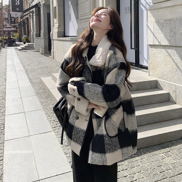 Black And White Lattice Pattern Lamb Wool Coat - Image 3
