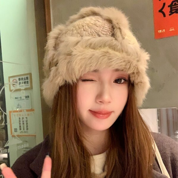 Handmade Knitted Woolen Warm Furry Hat Showing Face Small Bucket Cap - Image 4