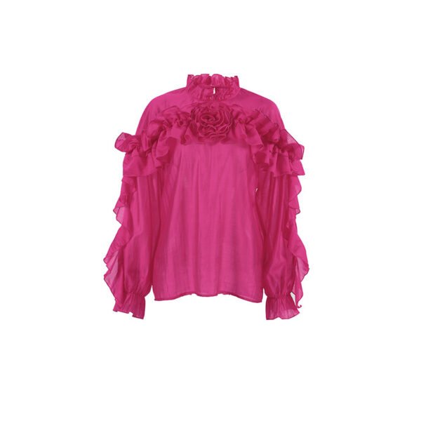 Ruffled Graceful Stand Collar Tencel Shirt - Image 5