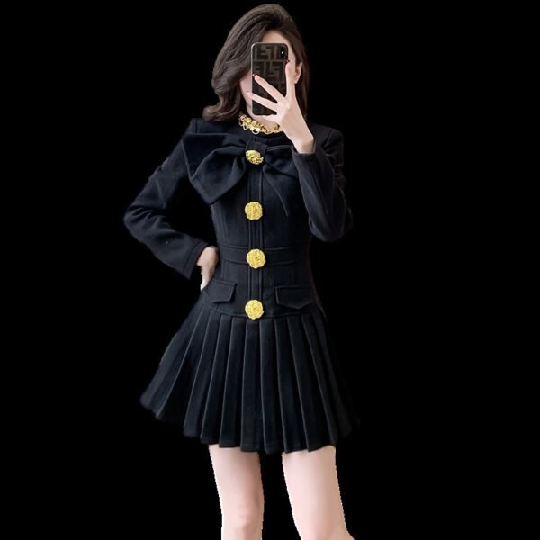 Big Bow Short Plaid Woolen Dress - Image 5