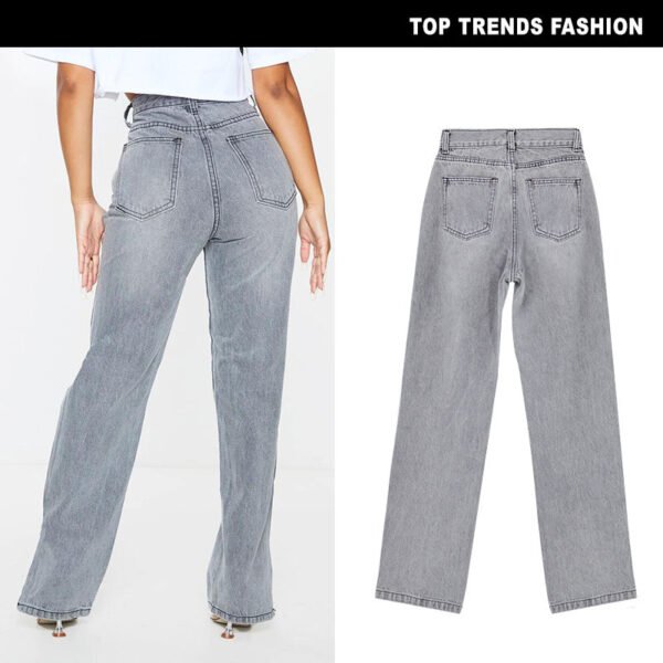 Women's High Waist Sand Gray Straight-leg Denim Trousers - Image 3