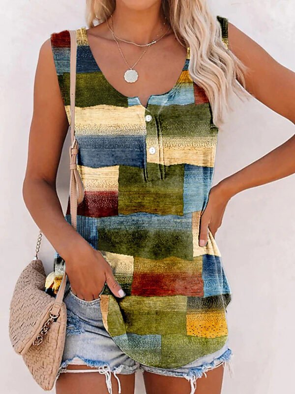 New Striped Printed Button Loose U-neck Vest T-shirt - Image 8