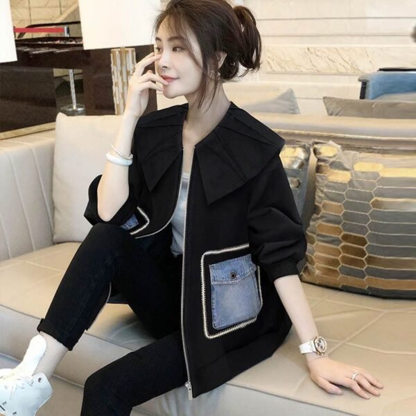 All-matching Graceful Color Contrast Patchwork Doll Collar Short Coat - Image 3