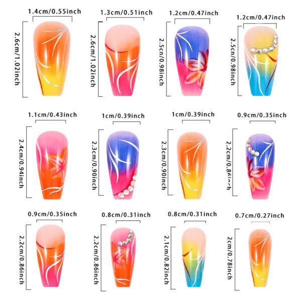Color Gradient Flower Rhinestone Fake Nails - Image 3