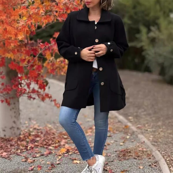 Polo Collar Solid Color Casual Bow Woolen Coat - Image 3