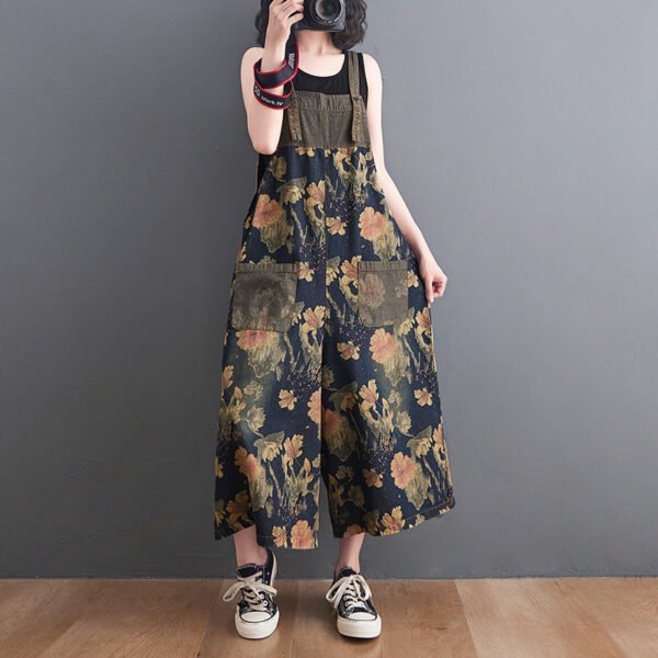 Korean Style Plus Size Fat Sister Printed Denim Wide Leg Suspender Pants - Image 2