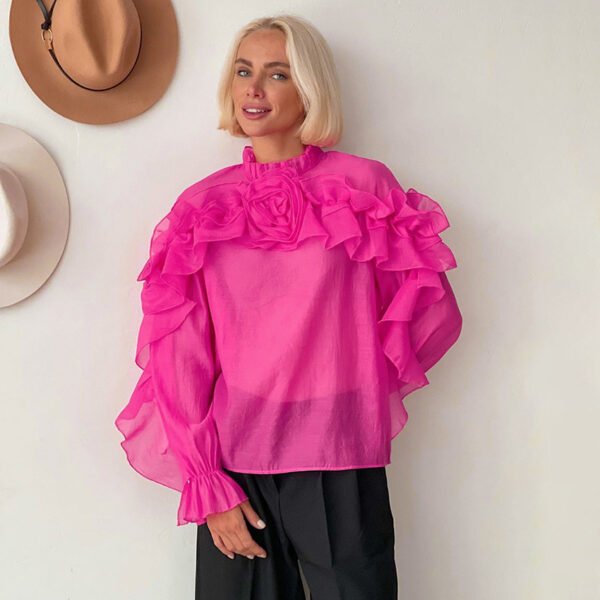 Ruffled Graceful Stand Collar Tencel Shirt - Image 3