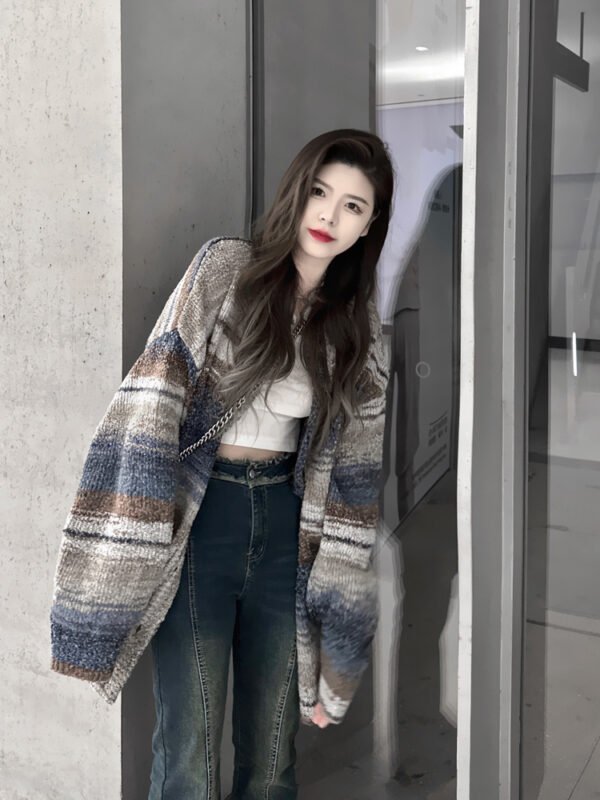 Contrast Color Striped Cardigan Sweater - Image 6
