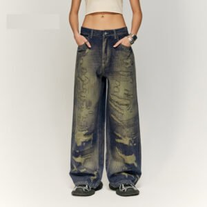 Autumn And Winter New American Street Fashion Printed Denim Wide Leg Pants For Men