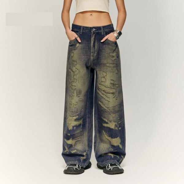 Autumn And Winter New American Street Fashion Printed Denim Wide Leg Pants For Men