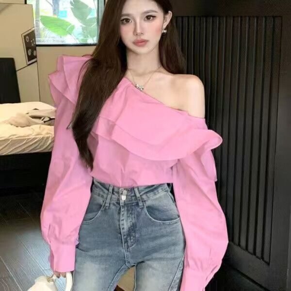 Women's Ruffled Off-the-shoulder Long Sleeve Design Elegant Socialite Shirt - Image 6