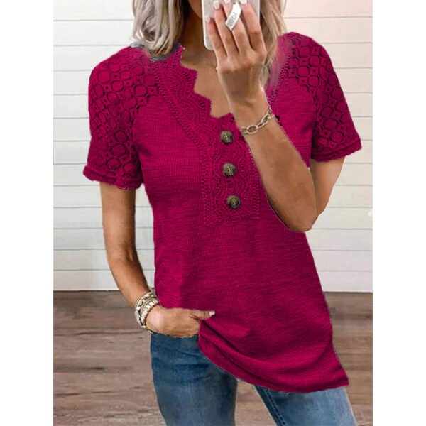 Casual Solid Color Lace V-neck Patchwork Top T-shirt With Short Sleeves - Image 5
