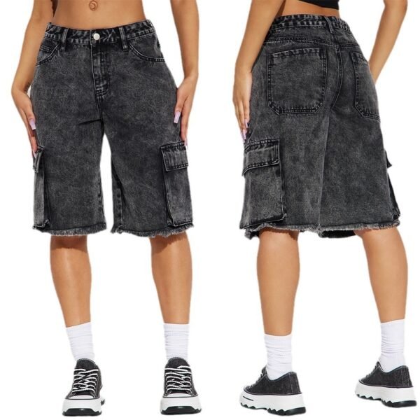 Street Washed Frayed Hem Women's Denim Straight Short Pants - Image 5