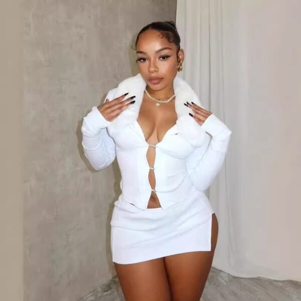 Fur Collar Hollow Out Button Long Sleeve Top Split Skirt Suit - Image 4