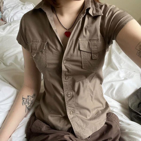 European And American Minimalist Basic Lapel Snap Fastener Tooling Style Shirt Short Sleeve Top - Image 2