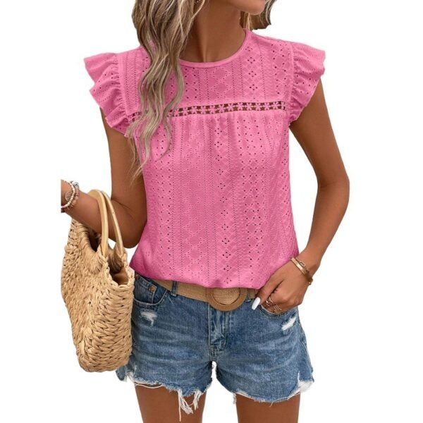 Round Neck Lace Solid Color Ruffled Short Sleeve - Image 8
