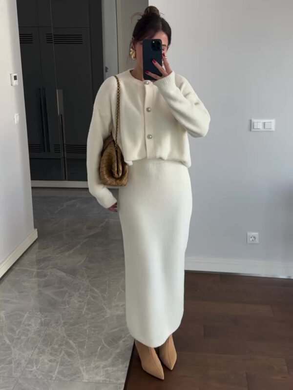Solid Color Cardigan & Skirt Suit - Image 6