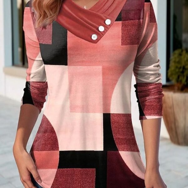 Women's Geometric Stitching Contrast Color V-neck Top