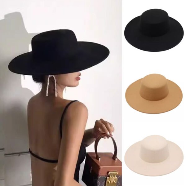 Flat Top Woolen Hat Big Brim Fedora Hat Hepburn Style - Image 2