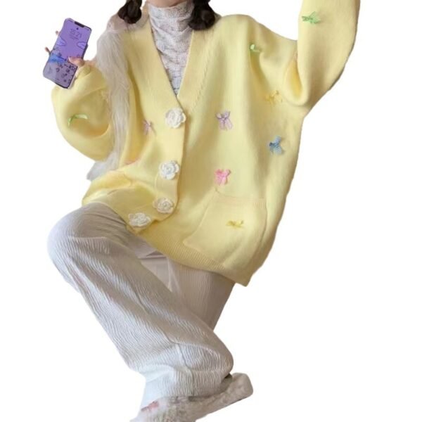 Bow Knitted Cardigan Loose-fitting Oversized Sweater - Image 5