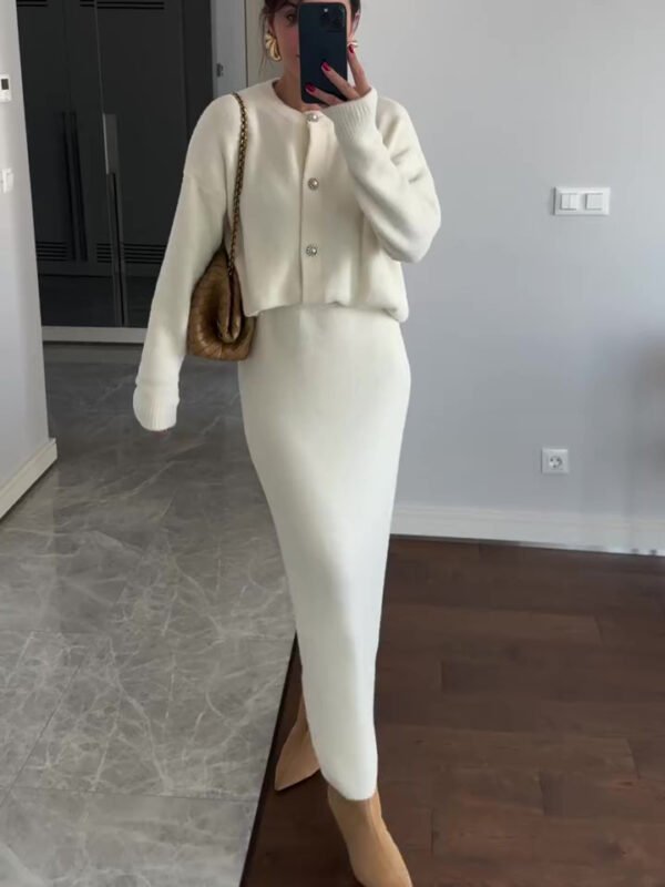Solid Color Cardigan & Skirt Suit - Image 2