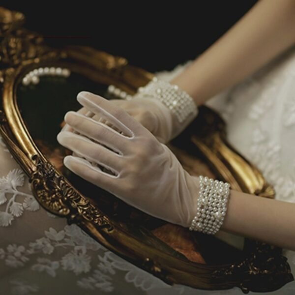 Bridal Gloves Pearl Lace Bow - Image 9