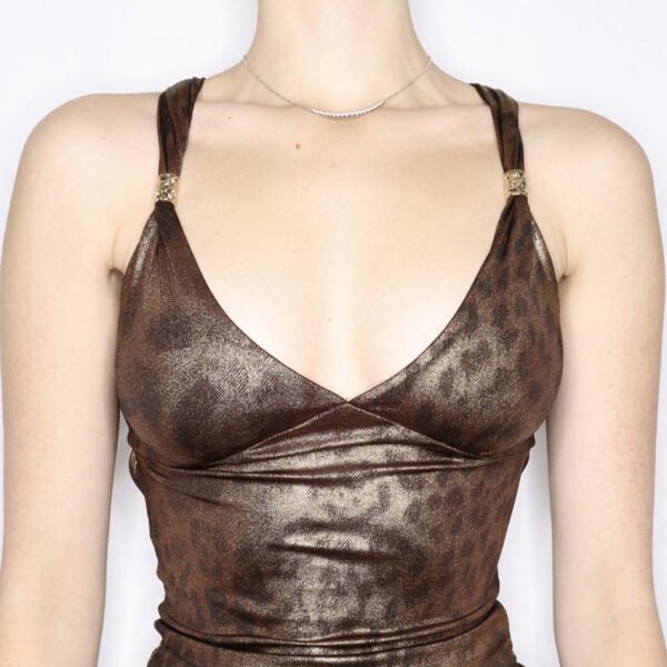 Glossy Leopard Print Contrast Color Slim V-neck Backless Spaghetti-strap Camisole Top - Image 5