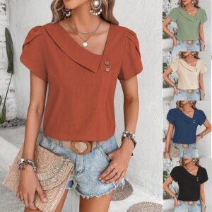 Small Diagonal Collar Solid Color Washed Cotton Top
