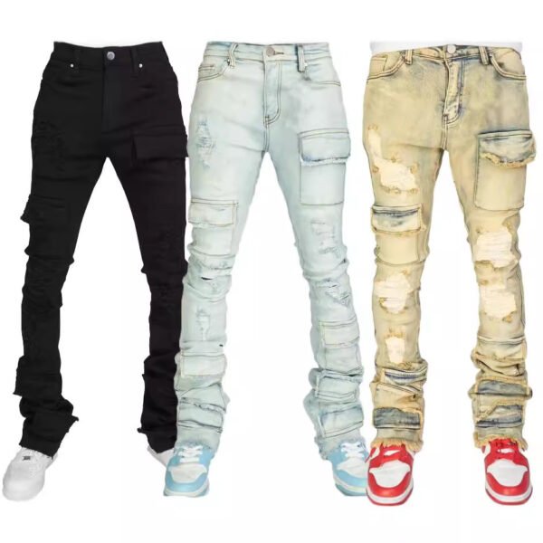Men's Denim Straight-leg Overalls European And American Fashion Stretch Ripped Laminated Micro-pull Pants - Image 2