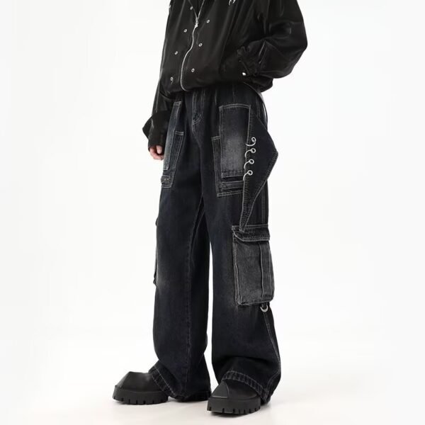 High Street Three-dimensional Multi-pocket Design Straight Jeans - Image 2