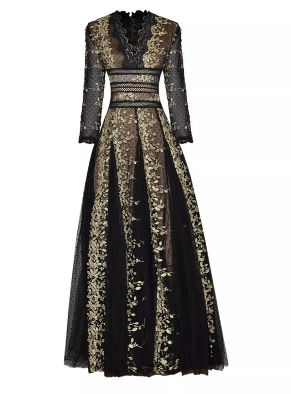V-neck Ninth Sleeve Fitted Waist Bubble Wide Hem Gauzy Dress - Image 6