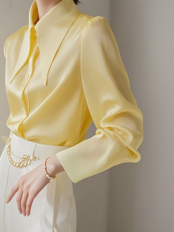 French Light Ripe Yellow Big Pointed Collar Long Sleeve Shirt - Image 2