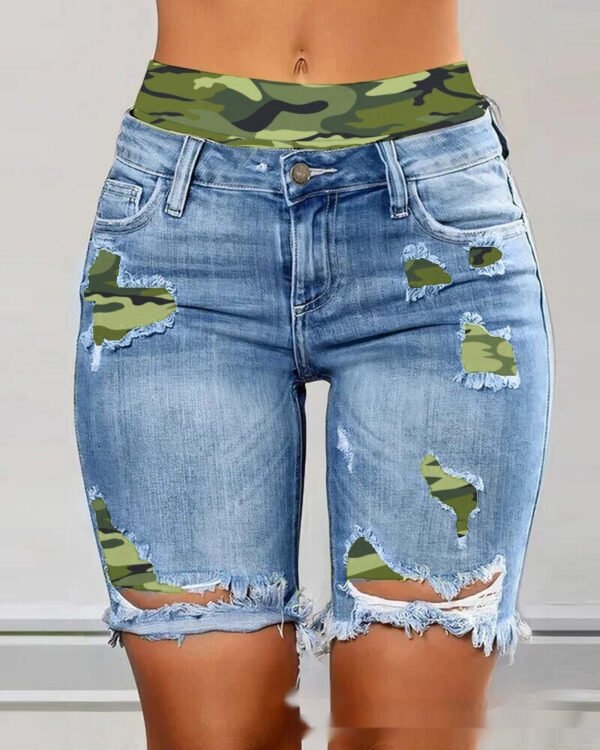 Color Contrast Patchwork Ripped Fake Two-piece Denim Shorts - Image 8