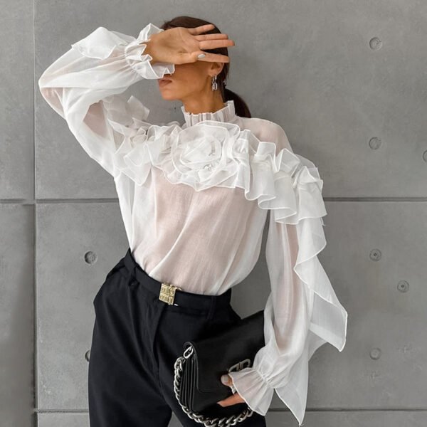 Ruffled Graceful Stand Collar Tencel Shirt - Image 2
