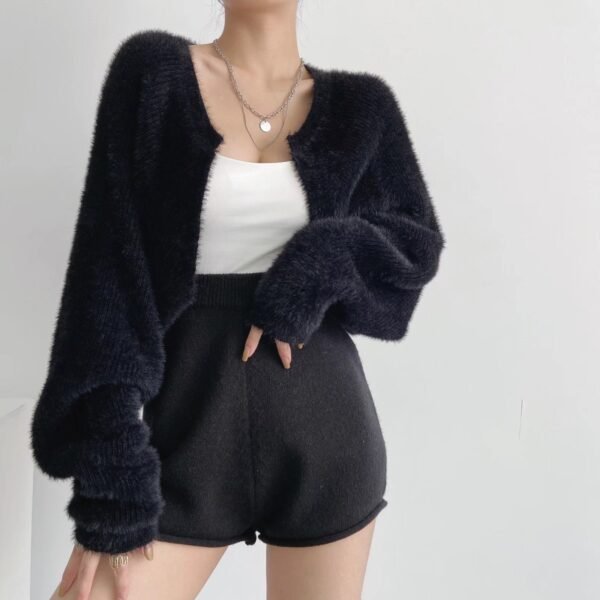Furry Sweater Long Sleeve Short Blouse Outer Coat - Image 3