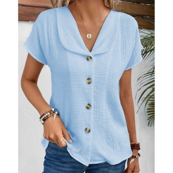 Summer Solid Color Fashion Short-sleeved Cardigan Button Women's Top - Image 4