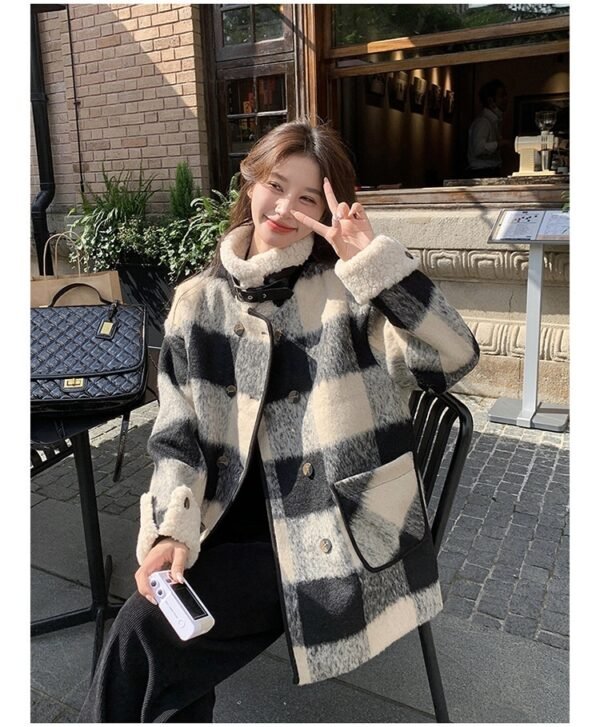 Black And White Lattice Pattern Lamb Wool Coat - Image 9