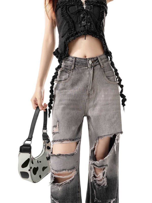 Black Gradient Ripped Wide-legged Jeans Women's High Waist Loose Straight Trousers - Image 6