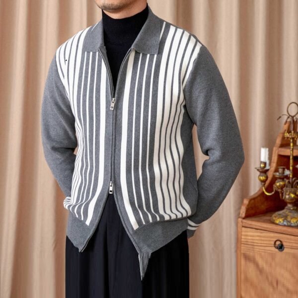 Autumn And Winter Wild Striped Cotton Men's Cardigan Commuter Trendy Men - Image 3