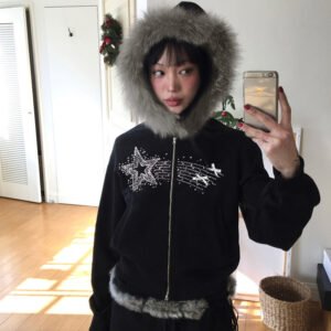 New Retro Fur Collar Stitching Zipper Sweater Cardigan