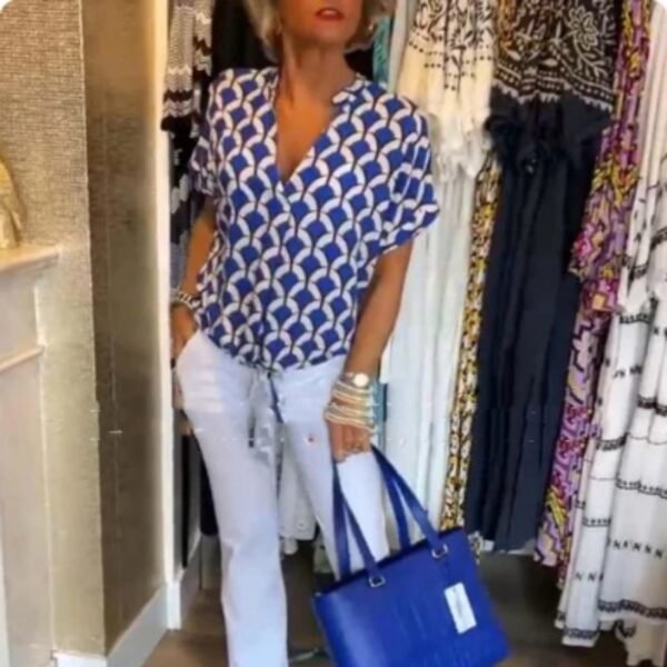 Women's Shirt Summer V-neck Fashion Elegant Printed Shirt - Image 4