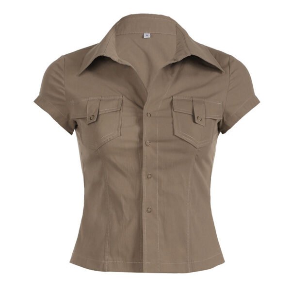 European And American Minimalist Basic Lapel Snap Fastener Tooling Style Shirt Short Sleeve Top - Image 6
