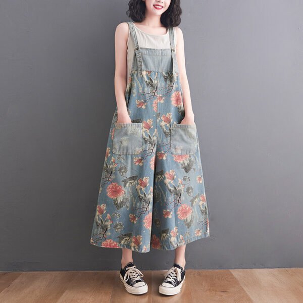 Korean Style Plus Size Fat Sister Printed Denim Wide Leg Suspender Pants - Image 3