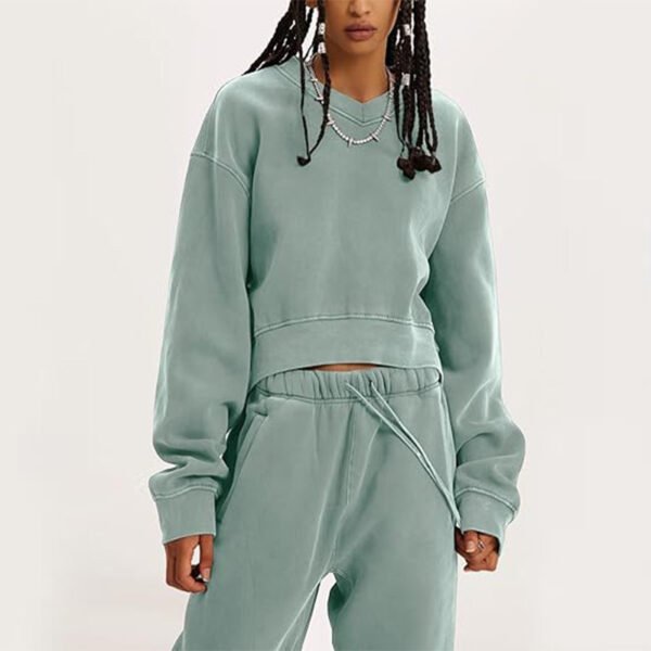 Women's V-neck Long-sleeved Midriff Outfit Sweatshirt Lace-up Sports Trousers - Image 2