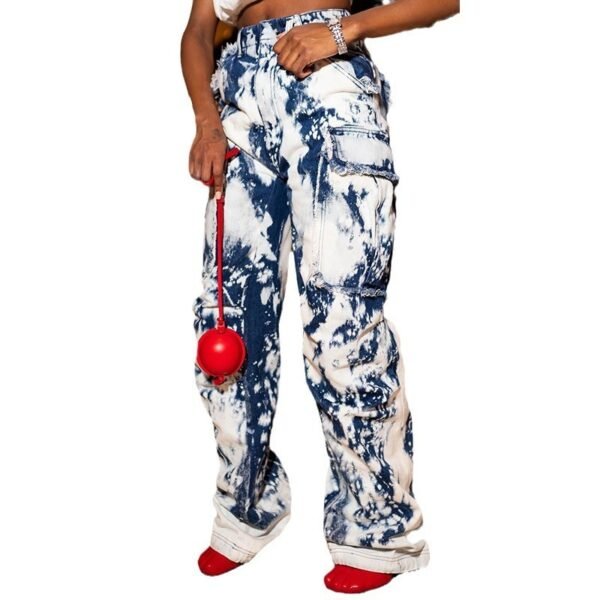 Washed Tie-dye Pocket Stitching High Waist Straight Jeans - Image 5