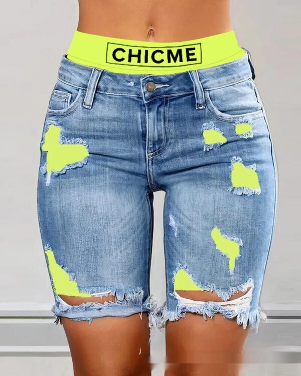 Color Contrast Patchwork Ripped Fake Two-piece Denim Shorts - Image 2